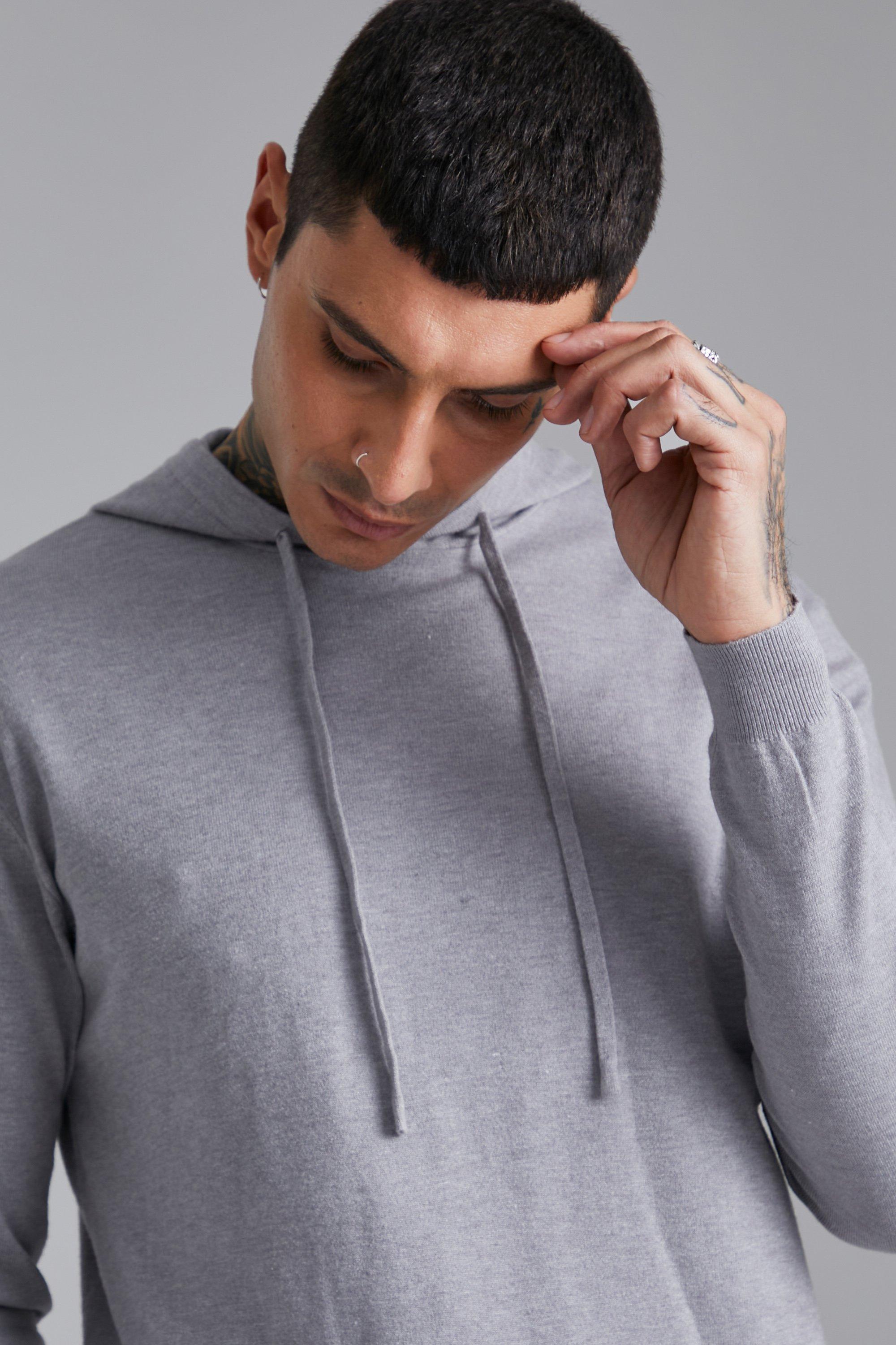 Grey knitted sale hoodie mens